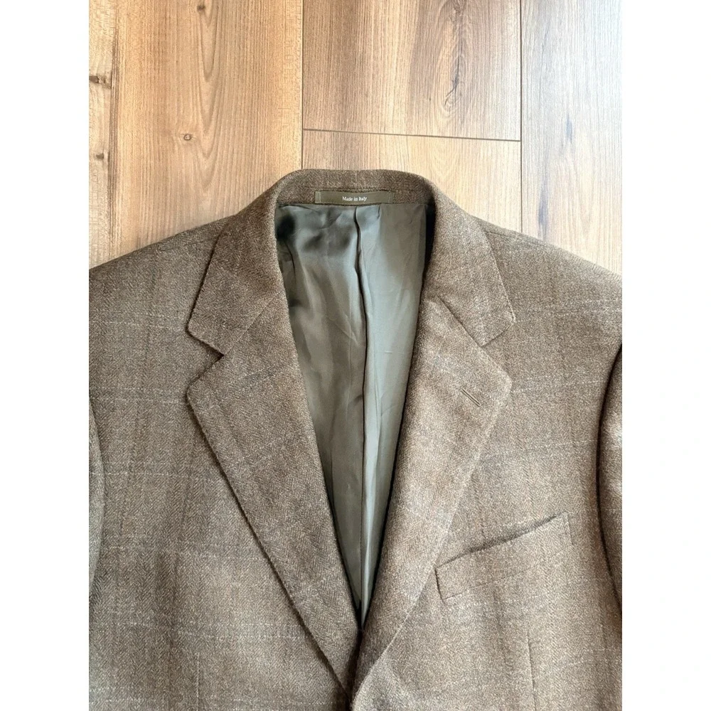 Ermenegildo Zegna Wool Cashmere Blazer Sports Coat 46R Brown Windowpane Plaid